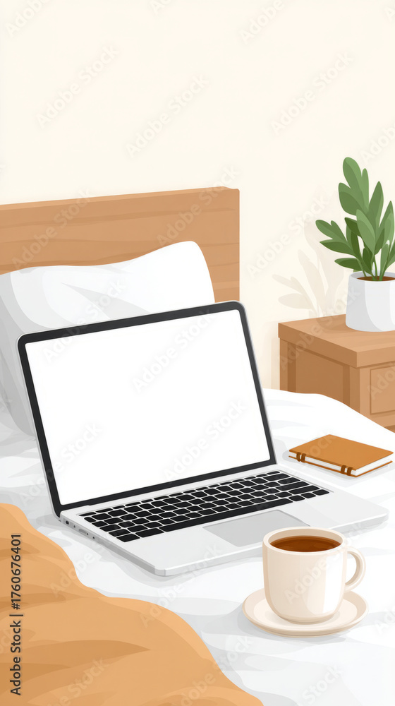 Fototapeta premium Business travel workspace with laptop and coffee in hotel room, minimalist style