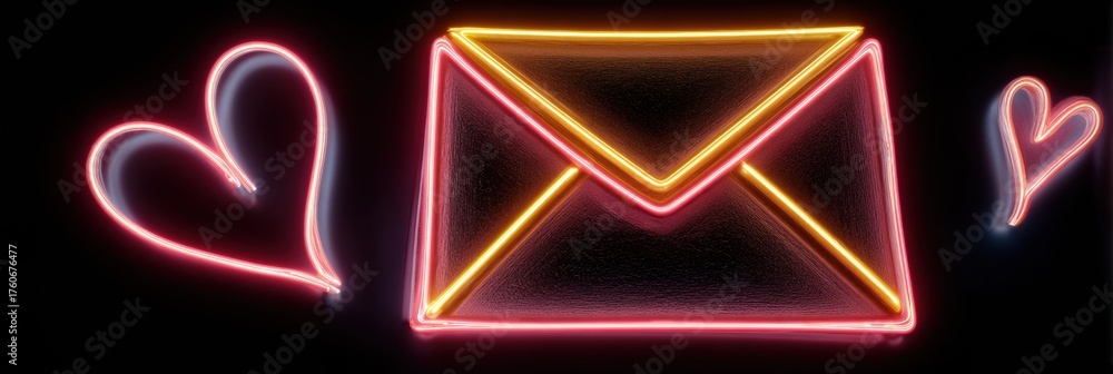 Obraz premium Neon envelope surrounded by glowing hearts shines in a dark setting, adding a lively and cheerful touch to any casual communication scene.