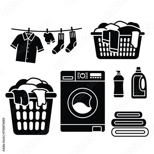 Laundry items washing machine clothes baskets detergent
