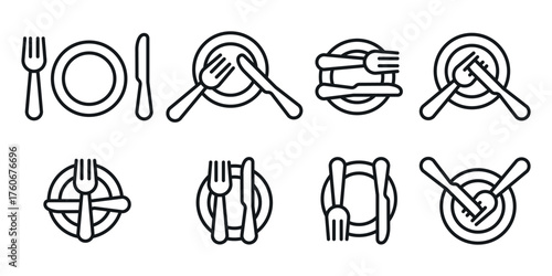 Sign language with cutlery. Plate, fork, knife, spoon icon set. Eating rules symbols. Cutlery etiquette. Cutlery signs.
