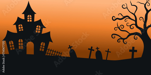 Haunted house and cemetery silhouette at sunset with crooked tombstones, crosses, and twisted tree. Spooky Halloween background perfect for horror, gothic, and mystery themes