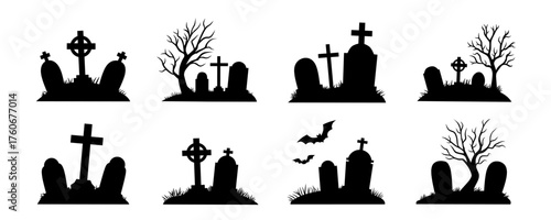 Set of spooky cemetery silhouettes featuring tombstones, crosses, bare trees, and bats. Dark graveyard icons perfect for Halloween, horror themes, and gothic designs.