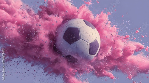 A high-energy soccer ball surrounded by a vivid pink splash made with Ai