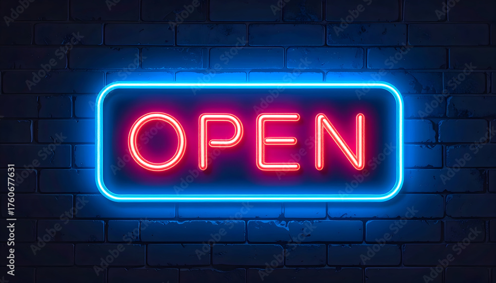 Obraz premium Neon open sign on brick wall