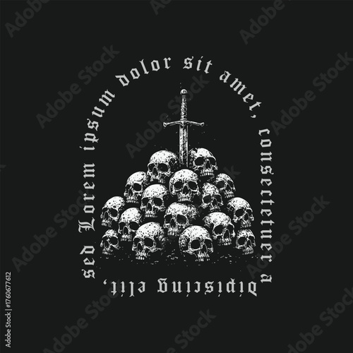Medieval Sword of the Fallen, Gothic Skull Pyramid Illustration
