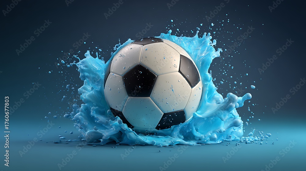Naklejka premium A realistic soccer ball with a black and white pattern surrounded by an energetic neon blue splash. the ball and splash made with Ai 1
