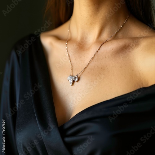 Women wearing black dresses and necklaces