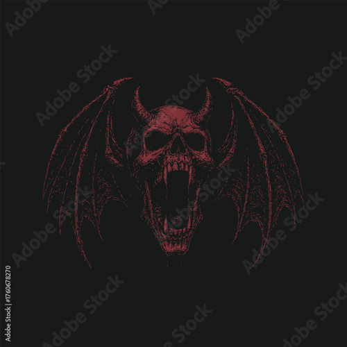 Dark Gothic Demon Skull with Bat Wings, Horror Fantasy Illustration
