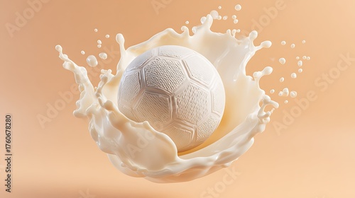 A soccer ball in mid-air with a creamy, white splash of milk surrounding it. The background is a soft peachy gradient made with Ai