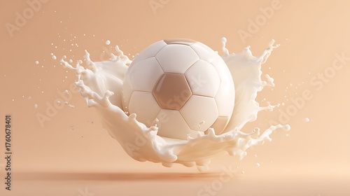 A soccer ball in mid-air with a creamy, white splash of milk surrounding it. The background is a soft peachy gradient made with Ai 1