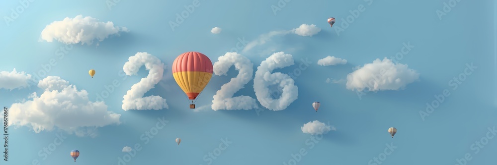 Fototapeta premium New Year 2026 themed backgrounds and banners,Figures formed from clouds and hot air balloons