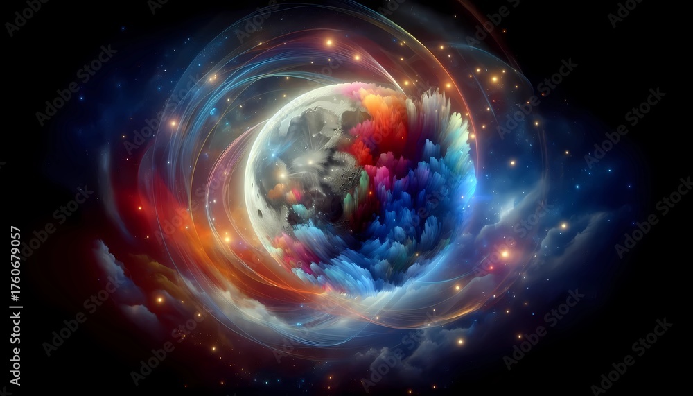 Fototapeta premium Surreal Moon Surrounded by Vibrant Cosmic Clouds and Glowing Nebulae