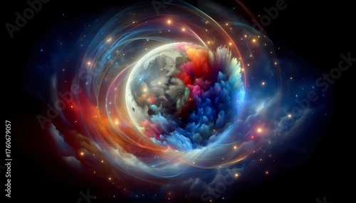 Surreal Moon Surrounded by Vibrant Cosmic Clouds and Glowing Nebulae