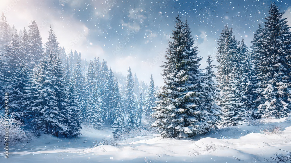 Naklejka premium Winter Forest Landscape With Snowfall And Evergreen Trees Under Cloudy Sky