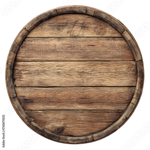 Close up view of the weathered wooden end of an old barrel with metal hoops isolated on transparent background