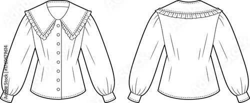 Blouse, ruffle collar, yoke detail, button-down, fashion sketch, technical drawing, flat sketch, garment CAD, vector illustration, sleeve design