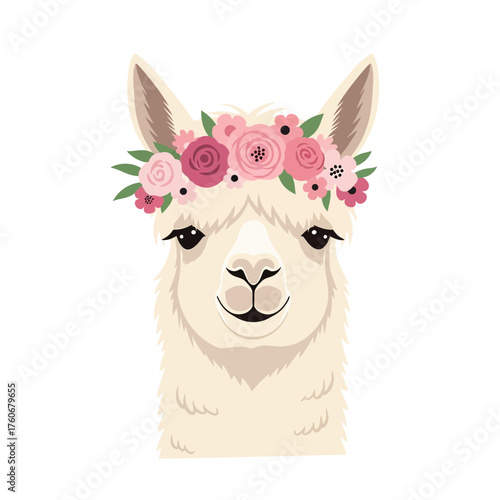 Charming llama with floral crown, adorable animal portrait.