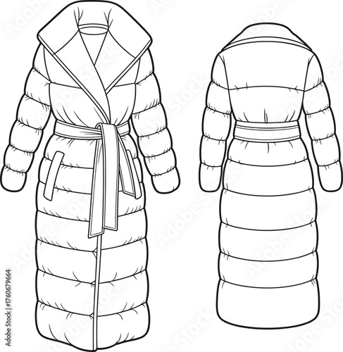 Padded winter coat sketch, belted wrap design, notched lapel collar, quilted body and sleeves, front and back technical fashion illustration