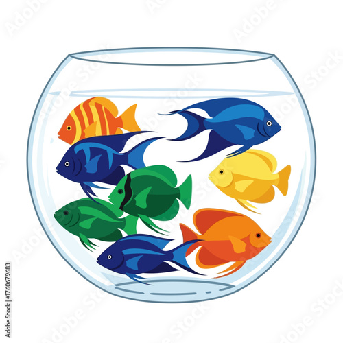 Colorful fish swimming in a glass fishbowl with water.