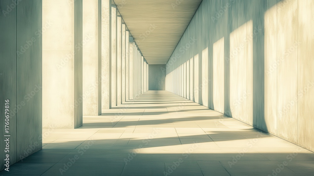 Fototapeta premium Sunlight filters through concrete columns in a smooth corridor showcasing modern architectural design and shadows at midday