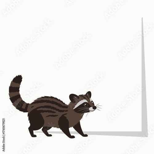 Cute raccoon walking on the white surface looking forward.