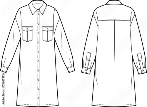 Shirt dress technical sketch, long sleeve design, chest pockets, button front, straight hemline, back yoke seam, front and back fashion illustration