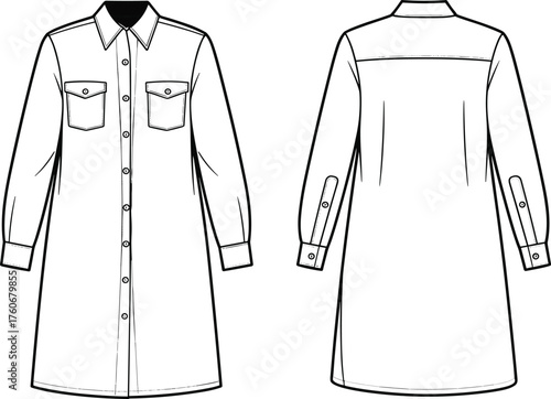Long sleeve shirt dress sketch, button-down front, chest pockets, curved hem, back yoke detail, front and back technical fashion illustration