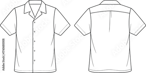 Short-sleeve button-up shirt sketch, classic collar, six-button placket, shoulder yoke, clean back design, front and back technical garment illustration