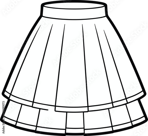 Pleated skirt fashion sketch, fitted waistband, flared silhouette, layered hem detail, vertical pleats, technical garment illustration for pattern making