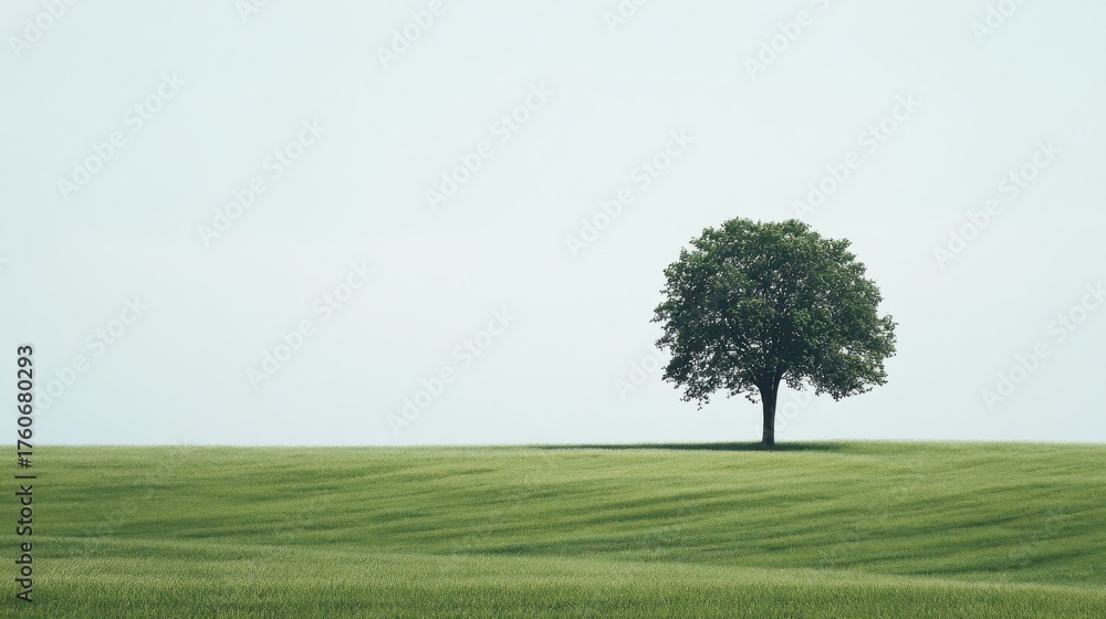 Fototapeta premium Lush green field with a solitary tree under a bright sky during midday