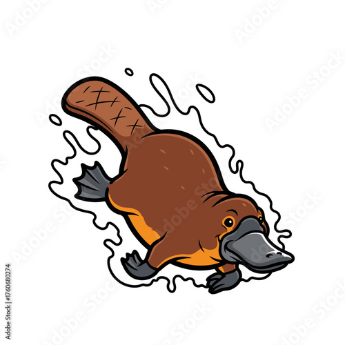 Cartoon platypus swimming in water, isolated on white background.