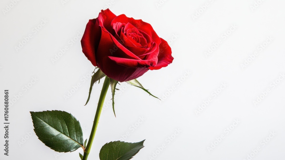 Fototapeta premium Striking red rose with green leaves on a light background, showcasing its natural beauty and elegance
