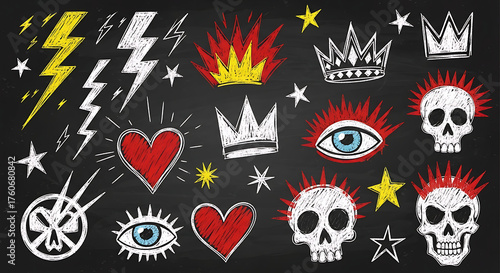 Colorful Punk Tattoo Doodle Set, Hand Drawn Rock and Skull Illustration on Dark Background
