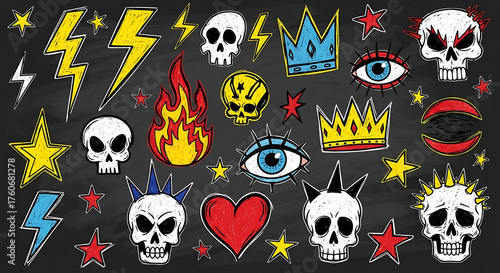 Colorful Punk Tattoo Doodle Set, Hand Drawn Rock and Skull Illustration on Dark Background