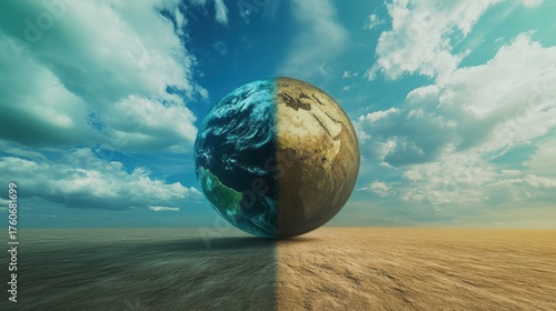 Stunning Half Earth Image Showcasing Ocean and Desert Landscape Under Dramatic Cloudy Sky for Nature and Environment Themes