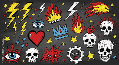 Colorful Punk Tattoo Doodle Set, Hand Drawn Rock and Skull Illustration on Dark Background