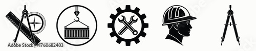 Engineering industry icons tools construction and safety symbols set