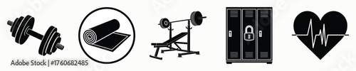 Fitness and health icons collection gym equipment heartbeat and monitor