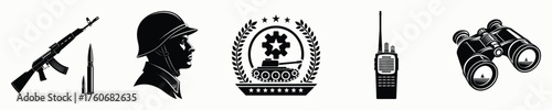 Military and surveillance icons rifle bullet soldier emblem radio binoculars