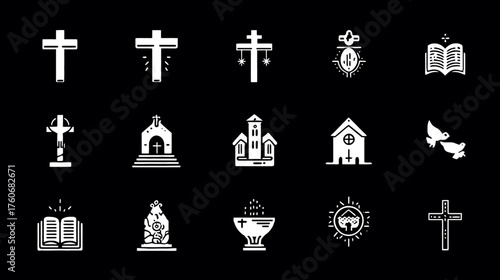Collection of Christian Religious Symbols and Icons in White on Black Background.