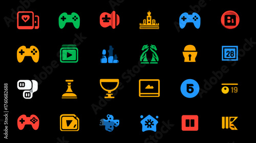 Collection of colorful gaming icons on a black background representing various game elements.