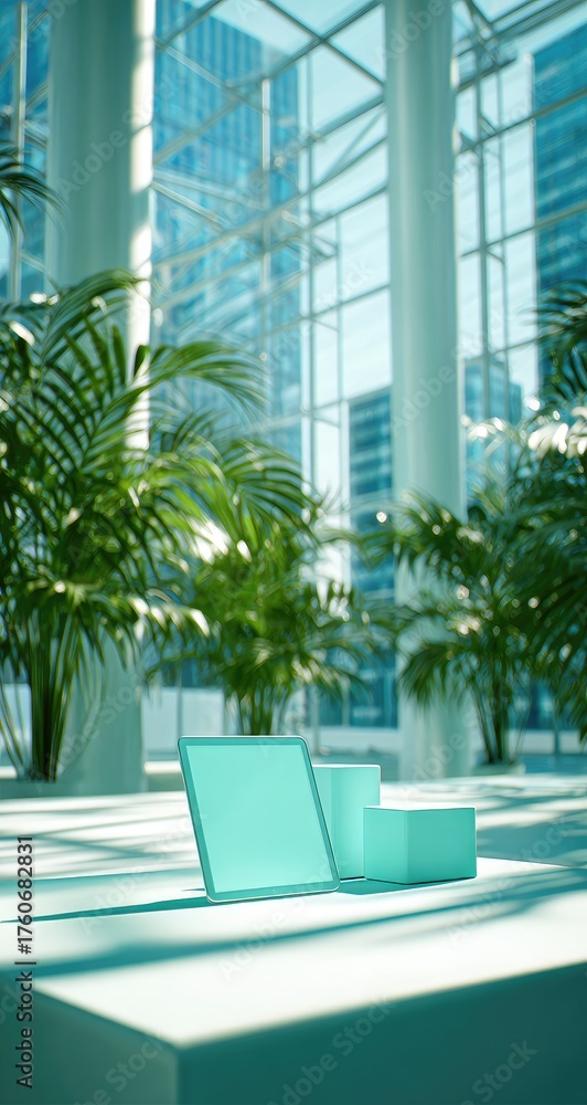 Fototapeta premium Modern office interior with tablet and plants creates a bright workspace.