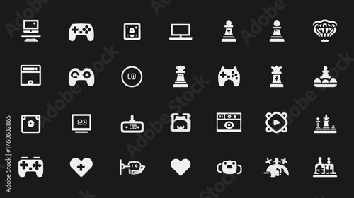 Collection of gaming and entertainment icons in white on a dark background.