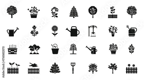 Collection of Garden and Plant Icons in Silhouette Style.