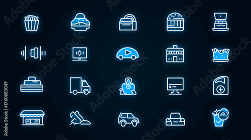 Collection of Neon Style Icons Representing Various Services and Products.