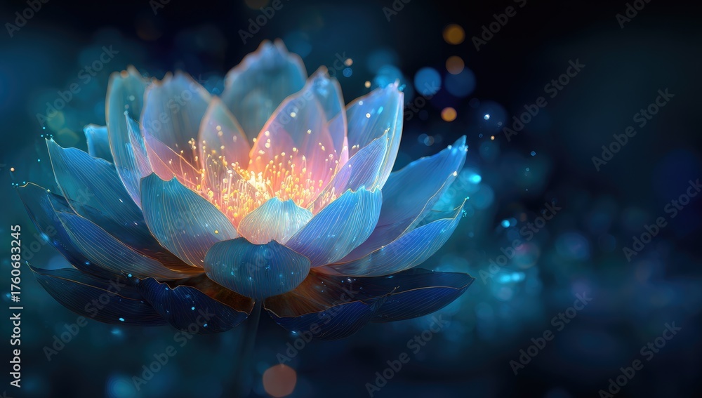 Fototapeta premium Glowing, luminous lotus flower in deep blue-toned background