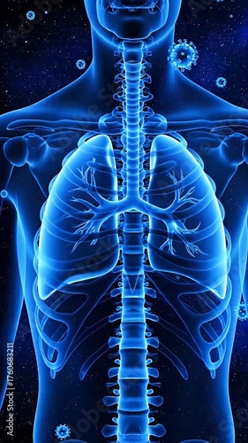 Anatomical illustration of the human respiratory system with virus particles highlighting the lungs and trachea