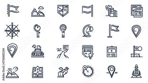 Collection of Travel and Navigation Icons with Map Pins and Flags.