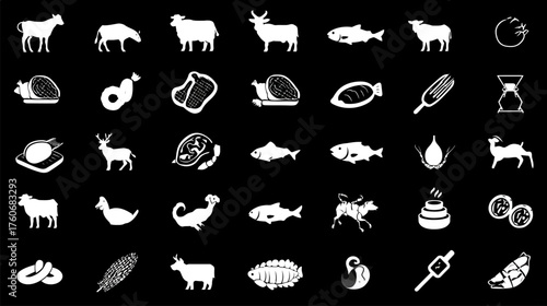 Collection of various food icons including meat fish and vegetables.