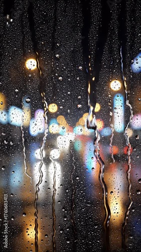 Rainy night in the city, bokeh lights and raindrops on window glass reflecting streetlights and traffic